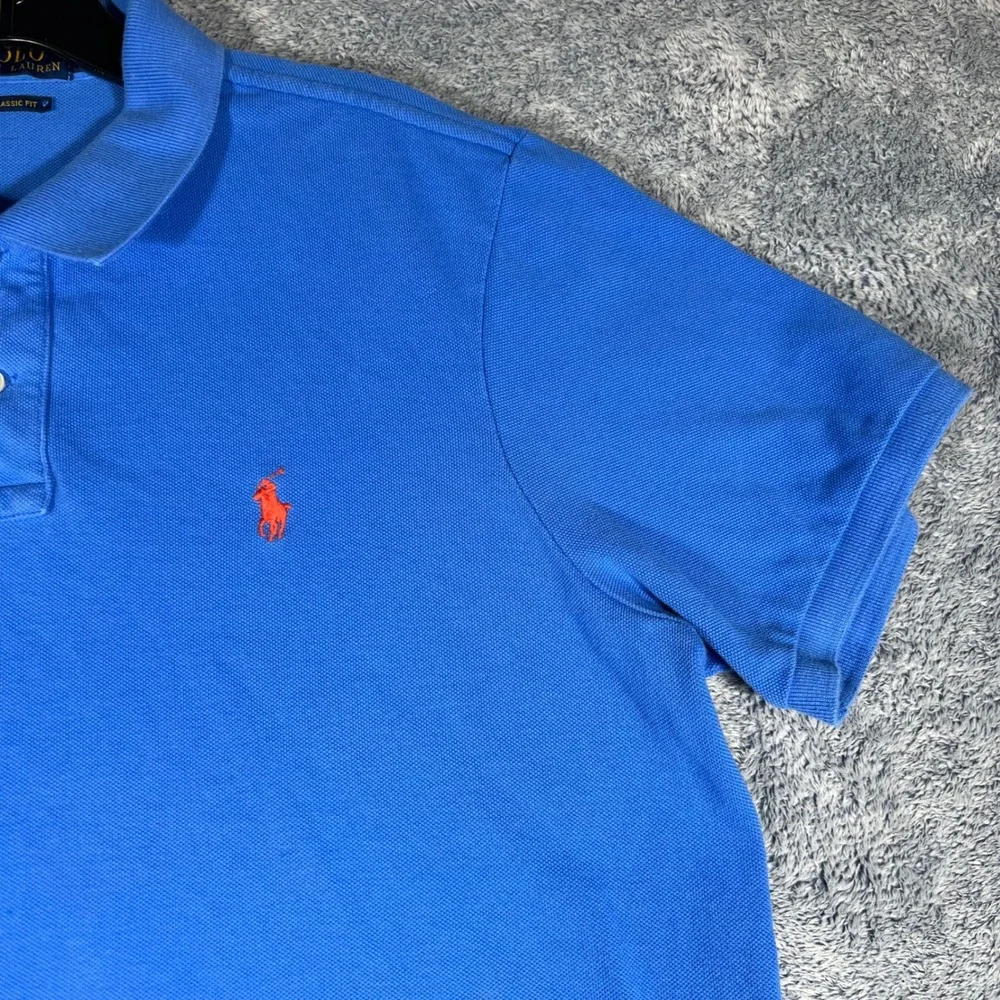 Polo Ralph Lauren Mens L Classic Fit Cotton Mesh Polo‎ Shirt Blue w/ Orange Pony